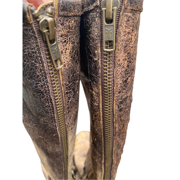 Frye Brown Combat Moto Boots Distressed Leather - Picture 4 of 10